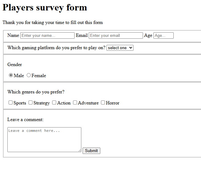 screenshot from Players survey form